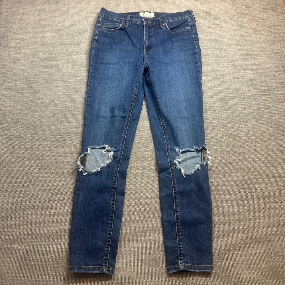 Free People Skinny Jeans Women‎ 29 Blue Distressed Ripped Knee Mid Wash